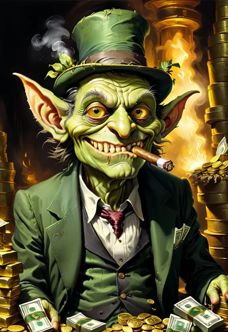 A repulsively intriguing mobster goblin, greedily counting stacks of gold coins and cash while puffing on a large cigar. The goblin's twisted features are exaggerated, with bulging eyes, crooked teeth, and leathery, wrinkled skin. This vivid portrait, possibly a painting, captures every grotesque detail in stunning clarity. The goblin's filthy, tattered clothing and grimy surroundings contrast sharply with the gleaming wealth he hoards, creating a mesmerizing and disturbing scene.
