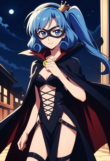 score_9, score_8_up, score_7_up, source_anime, ARSENE, ARSENE PHANTOM THIEF, DOMINO MASK, 1girl, solo, long hair, blue eyes, blue hair, hairband, sky, cape, side ponytail, mask, night, crown