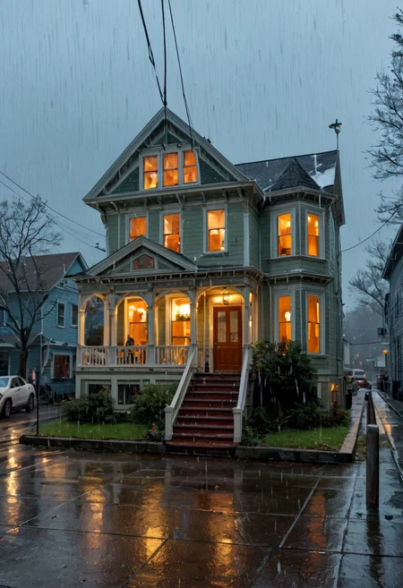 score_9,score_8_up,score_7_up, cold, raining overcast day, dark, 3+girls,  African-American women, medium breasts, wearing winter urban streetwear, standing on stoop of a 2-story house,  Oakland, (arched windows, bay windows, transom, small cornice, clapboard siding ,trim, ornate molding, columns on portico,  human scale, whole house in frame, tree,  power lines, telephone lines, car parked in front, circa 2025, fence, bushes, front view,  straight on,  short cornice, short architrave, white paint, clapboard siding, whole house in frame, Italianate:0.7),   v1ct0r14n <lora:Victorian_House_Pony:1> , dramatic, cinematic, movie scene, dynamic action