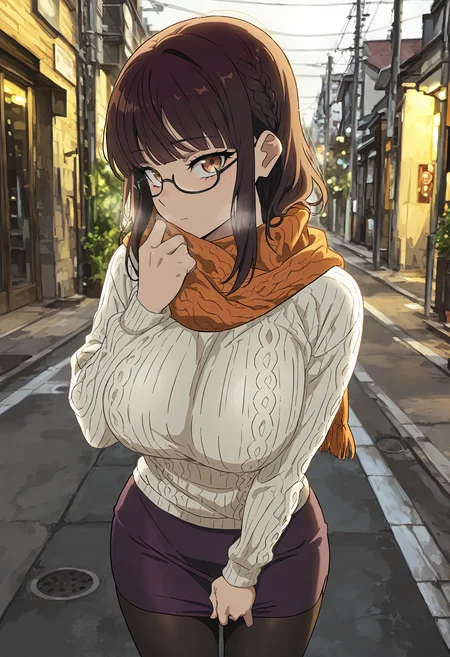 masterpiece, best quality, amazing quality, very aesthetic, absurdres, newest, scenery, 1girl, solo, huge breasts, <lora:Fujimiya Sumika illustxl:0.9> brown eyes, under-rim eyewear, black-framed eyewear, brown hair, braid, blunt bangs, sidelocks, medium hair, orange scarf, cable knit, white sweater, long sleeves, purple skirt, pencil skirt, miniskirt, black pantyhose, street, outdoors, standing, upper body, looking at viewer, anime screenshot, masterpiece, best quality, amazing quality, very aesthetic, absurdres, newest, scenery, volumetric lighting