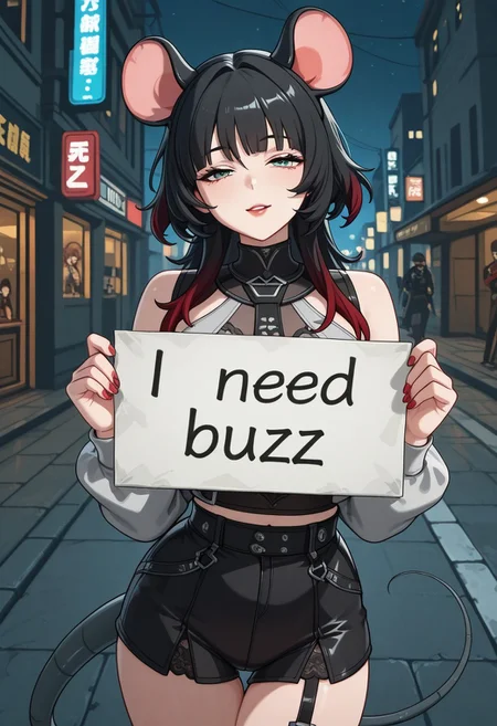1girl, Expressiveh, KJOjane, long hair, black hair, aqua eyes, blunt bangs, tail, mouse ears, animal ears, multicolored hair, red colored tips, jane_doe_\(zenless_zone_zero\), <lora:jane-doe-ponyxl-lora-nochekaiser:1>, jane doe, animal ears, thigh gap, red nails, nail polish, mouse ears, mouse tail, green-grey eyes, black hair, large breast, blunt bangs, femme fatale, femme fatale look, cunning look, half closed eyes, singular visible back tied red streak, on a street, night sky, need_buzz, holding sign