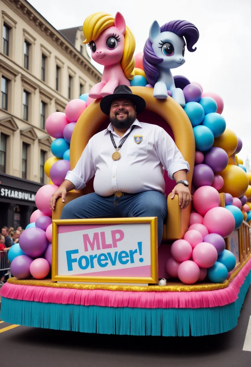 <lora:Parade_Float_Fashioner_FLUX-000005:0.9>
The image is a realistic photograph capturing a vibrant, elaborate my little pony themed parade float including banner with text "MLP Forever!". The float is driven by an obese man wearing a fedora and an ill-fitting stained shirt