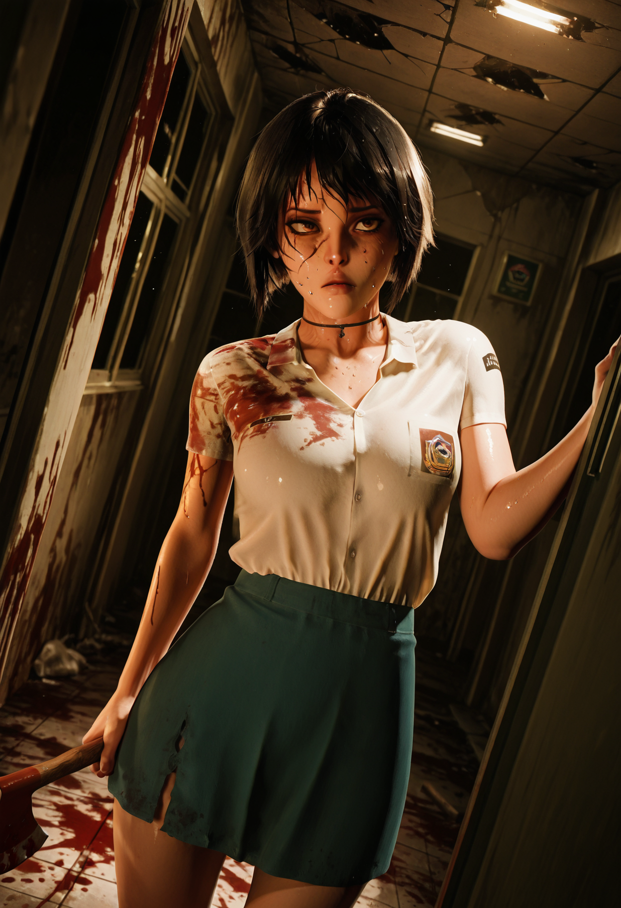 masterpiece,best quality,amazing quality,<lora:Linda_IL:1> LindawaifuIL, solo, black hair, emblem,  brown eyes, choker,  short sleeves,  blue skirt, short hair,  bob cut, torn skirt, fire axe,  holding axe,  sweat on forehead, wooden planks nailed to window, splintered wood, abandoned school corridor, broken ceiling tiles, dim emergency lighting, flickering lights,  blood stains on floor, horror atmosphere, survival situation, dynamic angle, motion blur, dust in air,  dramatic lighting, horror \(theme\), cowboy shot,  <lora:Sinfully_Stylish_1.0_for_Illustrious:0.8> sinfully stylish,