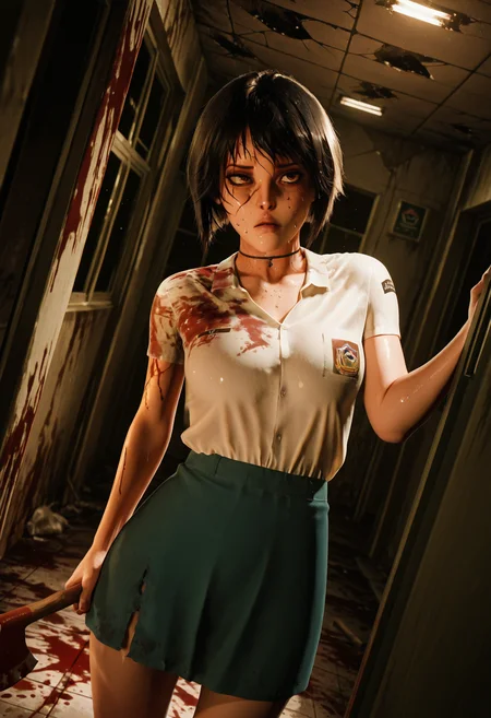 masterpiece,best quality,amazing quality,<lora:Linda_IL:1> LindawaifuIL, solo, black hair, emblem, brown eyes, choker, short sleeves, blue skirt, short hair, bob cut, torn skirt, fire axe, holding axe, sweat on forehead, wooden planks nailed to window, splintered wood, abandoned school corridor, broken ceiling tiles, dim emergency lighting, flickering lights, blood stains on floor, horror atmosphere, survival situation, dynamic angle, motion blur, dust in air, dramatic lighting, horror \(theme\), cowboy shot, <lora:Sinfully_Stylish_1.0_for_Illustrious:0.8> sinfully stylish,