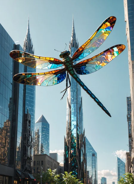 hyper realistic, a colossal dragonfly with wings made of stained glass, flying through a futuristic city made of crystal towers, sunlight casting colorful reflections, majestic and ethereal
<lora:xray:1>
<lora:WildcardX-XL-Detail-Enhancer:1>