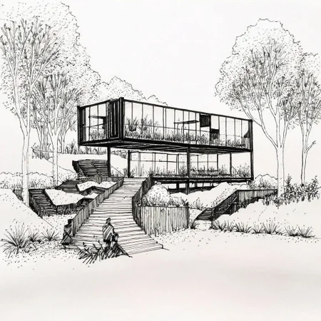 Architecture sketch, Minimalist style villa made from shipping containers with a winter garden and a glass gallery.a, heavy black lines on white paper, trees, two people enjoying, <lora:HandSketcher-XL:0.7>  <lora:xl_more_art-full_v1:0.5>