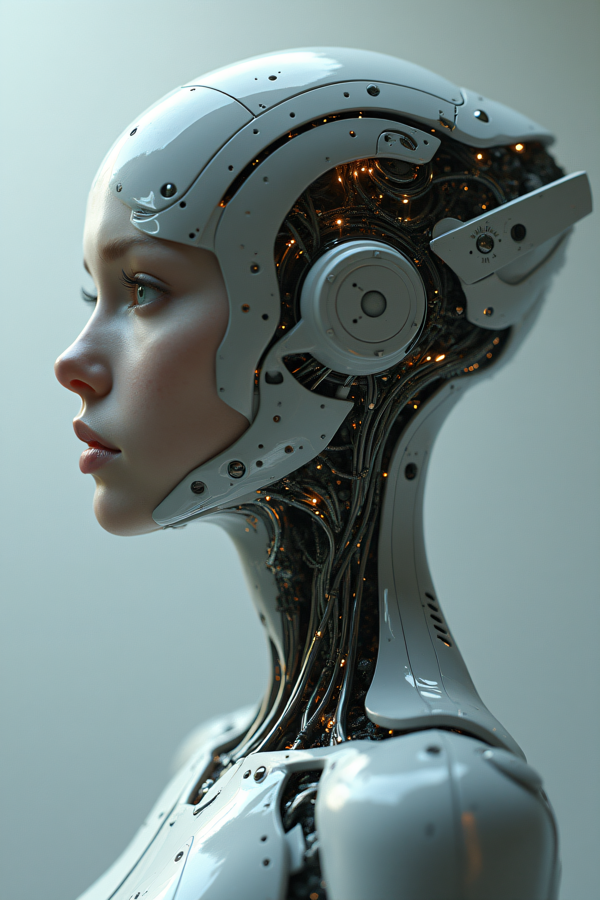 Mechanical female android, half-body portrait, cinematic lighting, intricate, elegant, super highly detailed, art station, concept art, smooth, sharp focus, no blur, no depth of field, extreme illustration, Unreal Engine 5, Photorealism, HD quality, 8k resolution, cinema 4d, 3D, beautiful, delicate, art inspired by artgerm, greg rutkowski, alphonse mucha, loish, 