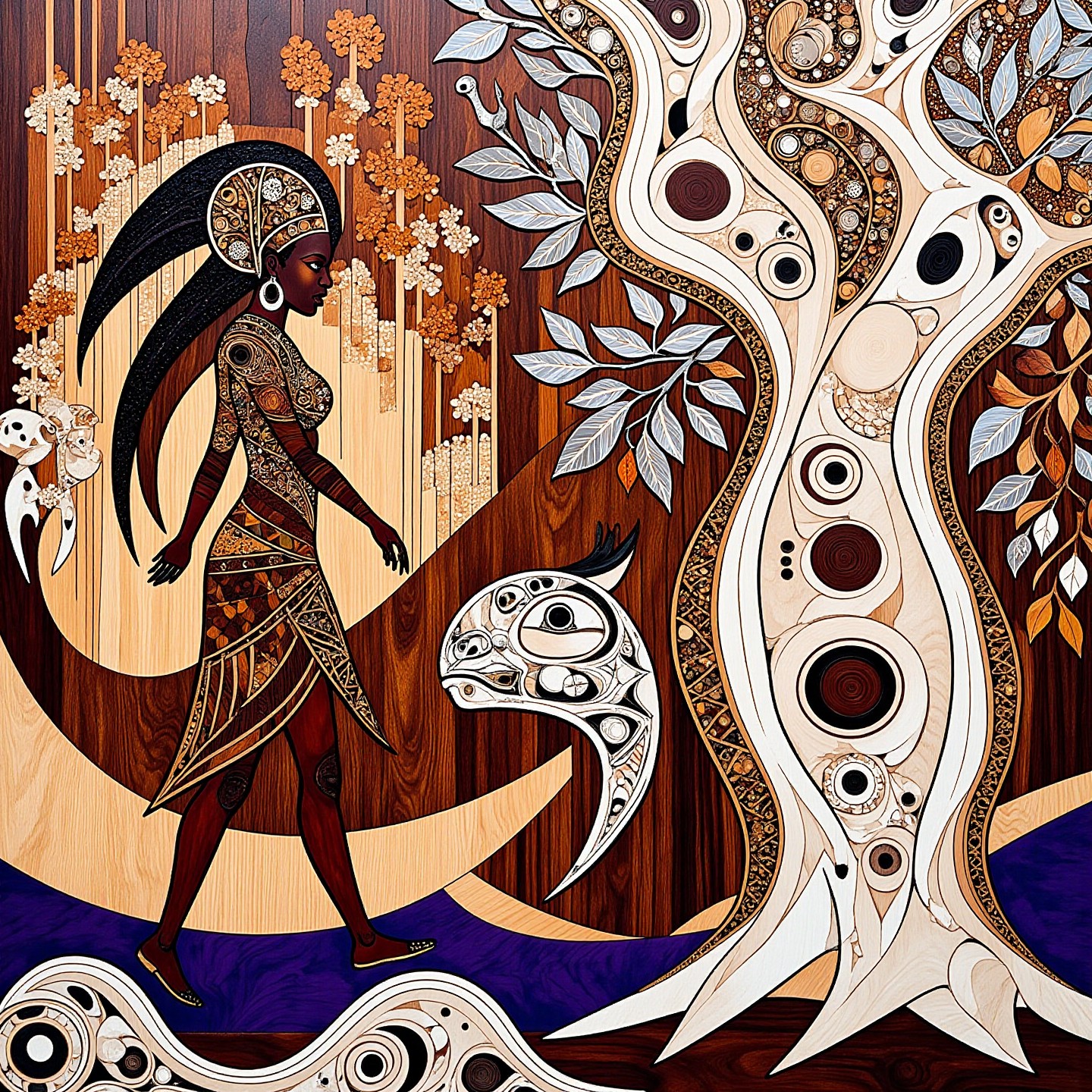 cs-m4rq style exotic wood marquetry prehistoric themed print artwork depicting Ethiopian angry female opera singer walking in a ghostly forest, (purple ground mist:0.5). The background is cherry wood, with intricate white and white and silver animalistic details. Haida style. The overall arrangement of the image is a balance of space and features. Additionally the image incorporates elements of mixed media including flowing lines drawn with fine pens and appliqued bronzeleaf. The general effect is of elaborate and elegant elements interacting with each other to produce timeless fine art. <lora:midjourney_whisper_chromaplex_v1:0.4> <lora:Marquetry_v1_e8:0.8> <lora:Pacific_Northwest_r1:0.4> <lora:BookOfKells-Rapid:0.3>