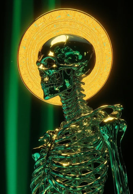A digital artwork featuring a hyper-stylized depiction of a human skeleton in side profile, viewed from the left, with its bones rendered in metallic silver chrome, gleaming with a mirror-like sheen that reflects light in dazzling highlights. Subtle hints of emerald green tint enhance the chrome skeleton, adding depth and an otherworldly allure to its metallic surface. Intricate line work and meticulous shading create a highly detailed, textured three-dimensional appearance, blending anatomical precision with artistic abstraction. Positioned along the left vertical third of the composition, the skeleton adheres to the rule of thirds, achieving a harmonious and dynamic balance. Above its head, a radiant, glowing golden halo casts a celestial light, contrasting brilliantly with the sleek chrome finish. The background is a glowing emerald green, pulsating softly, creating a luminous backdrop that accentuates the figure’s reflective form. The interplay of glossy silvers and the glowing green environment amplifies the composition's futuristic and divine quality. The clean, sharp edges and stylized rendering bring a modern, high-impact aesthetic, while the minimalist design focuses the viewer’s attention on the skeleton and its ethereal halo. HD, 8K quality, ultra-detailed, masterpiece artwork.