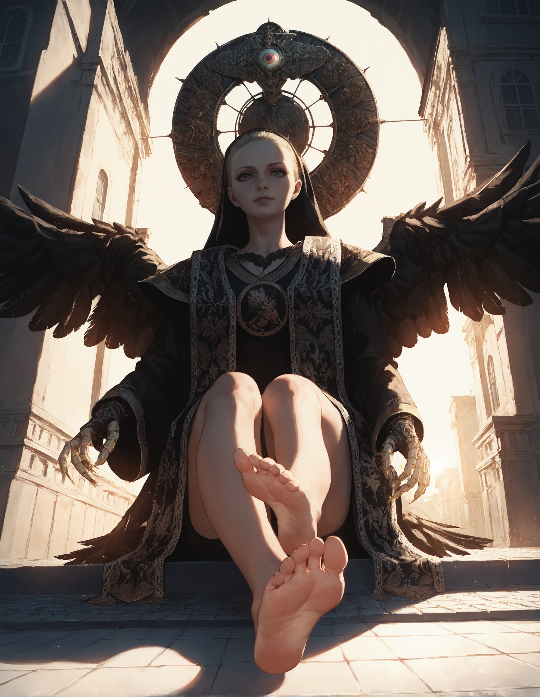 score_9, score_8_up, score_7_up,score_6_up,high resolution,source_anime,mrnd,1girl,street,blonde hair,long hair,black veil,black robe,mechanical halo,feathered wings,volumetric lighting,rim lighting,sunny,sun,day,dof,solo,upper body,from below,looking at viewer,barefoot,sitting,from below,soles,feet focus