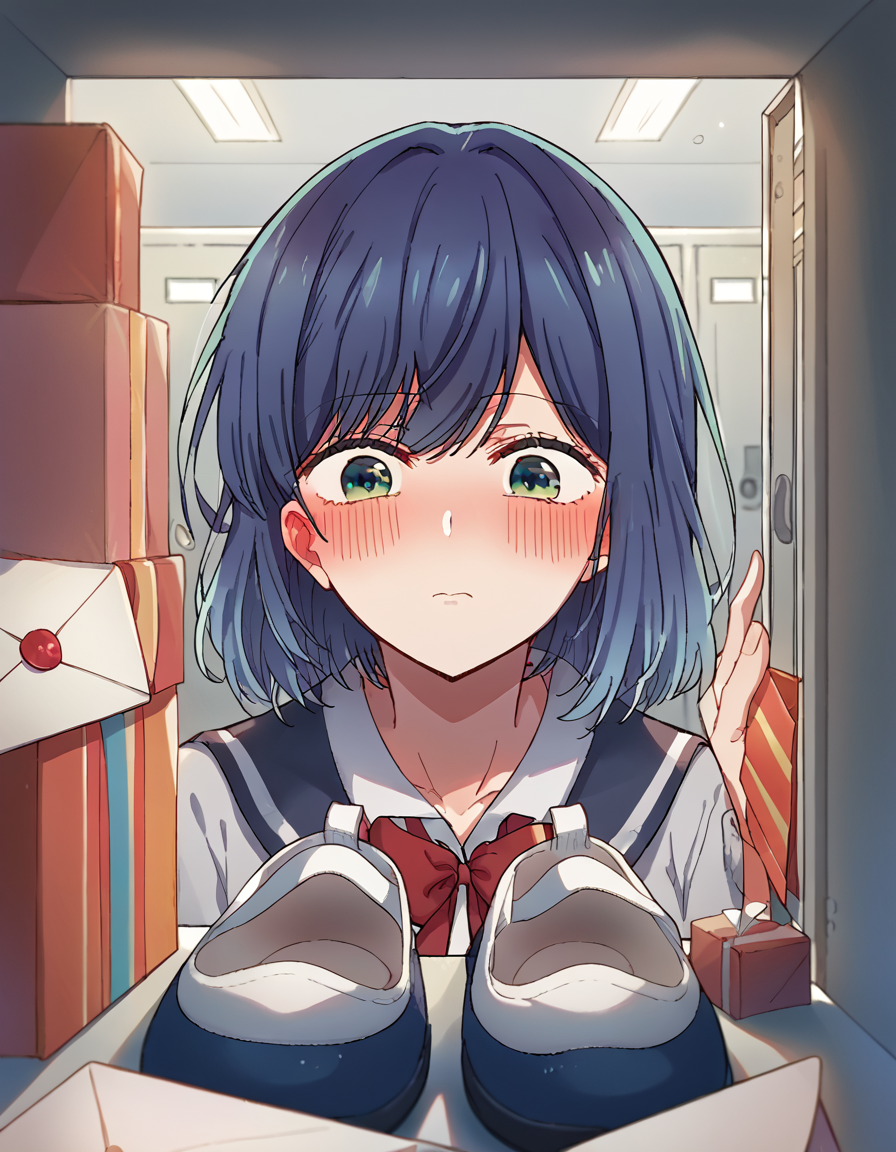 score_9, score_8_up, score_7_up, source_anime, <lora:akane-kurokawa-s1-ponyxl-lora-nochekaiser:1>, akane kurokawa, bangs, green eyes, blue hair, medium hair, dark blue hair, large breasts, <lora:shoe-locker-pov-ponyxl-lora-nochekaiser:1> shoe locker pov, locker, letter, school, gift box, unworn shoes, blush,, ,