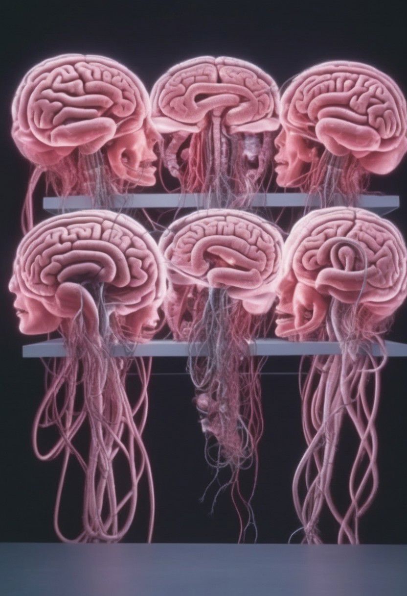 crt style tvs sets multiple human brains emerging from 5 women glowing massive amounts of intestines and cables woven together inside multiple modern television sets in technology warehouse