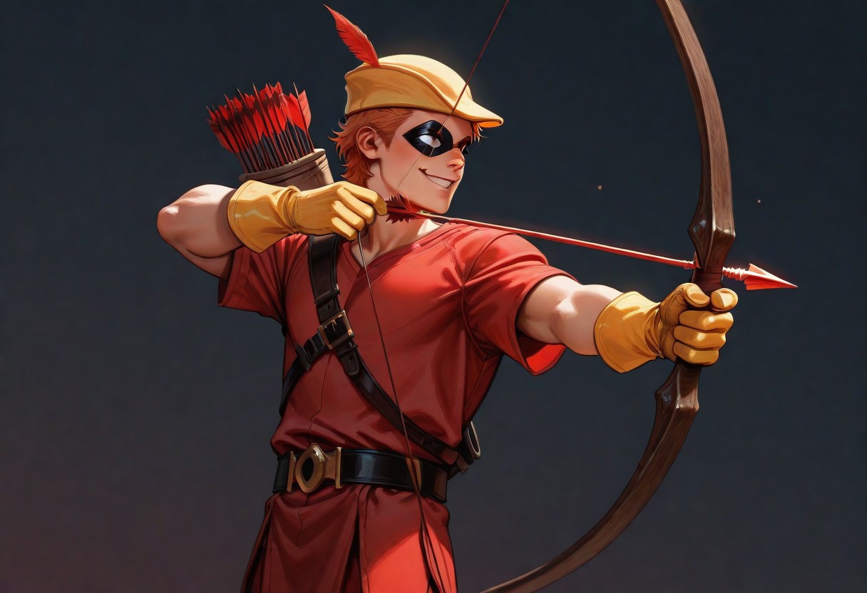 masterpiece, absurdres, high quality, perfect anatomy, 1boy, solo, cute boy, male focus, Speedy, Orange Hair, Domino Mask, White Eyes, Yellow Cap, Red Tunic, Tunic, Red Pants, Yellow Gloves, smug smile, parted lips, portrait, cinematic, intricately detailed illustration, depth of field, masterpiece, best quality, amazing quality, very aesthetic, absurdres, newest, very awa,  shadow, dynamic angle, casual cosplay, dynamic pose, simple background, red theme,  Bow (Weapon), Arrow (Projectile), Quiver on Back, Holding Bow, Drawing Bow, bow