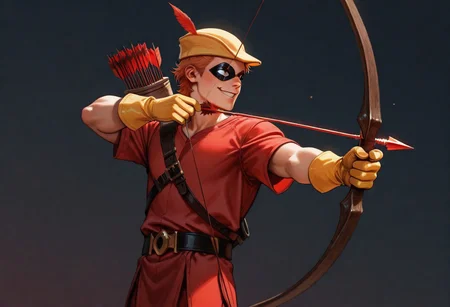 masterpiece, absurdres, high quality, perfect anatomy, 1boy, solo, cute boy, male focus, Speedy, Orange Hair, Domino Mask, White Eyes, Yellow Cap, Red Tunic, Tunic, Red Pants, Yellow Gloves, smug smile, parted lips, portrait, cinematic, intricately detailed illustration, depth of field, masterpiece, best quality, amazing quality, very aesthetic, absurdres, newest, very awa, shadow, dynamic angle, casual cosplay, dynamic pose, simple background, red theme, Bow (Weapon), Arrow (Projectile), Quiver on Back, Holding Bow, Drawing Bow, bow