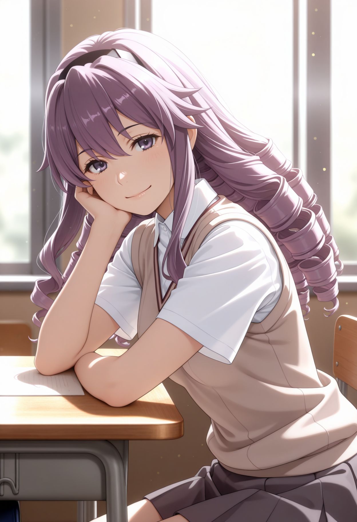 masterpiece,best quality,absurdres,highres,very aesthetic,high quality,detailed,insanely detailed,beautiful,perfect lighting, ,depth of field,blurry background,bokeh, looking at viewer, smile, 
<lora:Hokaze Junko illu_2:1> 1girl, long hair, purple hair, hairband, purple eyes, drill hair, 
classroom, table, from side, lying, sleeping, window, upper_body, from side,
tokiwadai school uniform, summer uniform, brown sweater vest, white shirt, collared shirt, short sleeves pleated skirt, short sleeves, miniskirt, grey skirt,