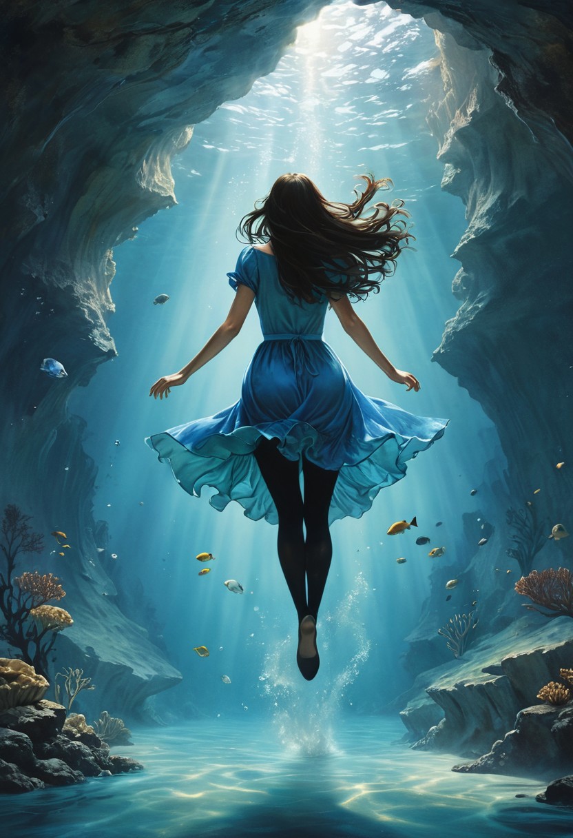 (water-colored), illustration, style of Jessica Galbreth,
(far view, far shot, rear view, facing away:1.3),
(Alice, very long dark brown hair,  hair rim lighting, hair in the wind, blue maid dress with short sleeves, black tights, black shoes:1.5), 
fog, dreamy, dream, coral, fish, sea weed
(woman jumping, cave, under water:2)