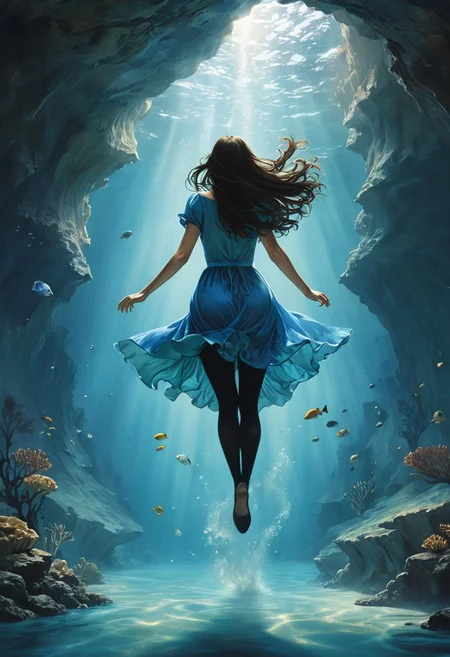 (water-colored), illustration, style of Jessica Galbreth,
(far view, far shot, rear view, facing away:1.3),
(Alice, very long dark brown hair, hair rim lighting, hair in the wind, blue maid dress with short sleeves, black tights, black shoes:1.5),
fog, dreamy, dream, coral, fish, sea weed
(woman jumping, cave, under water:2)