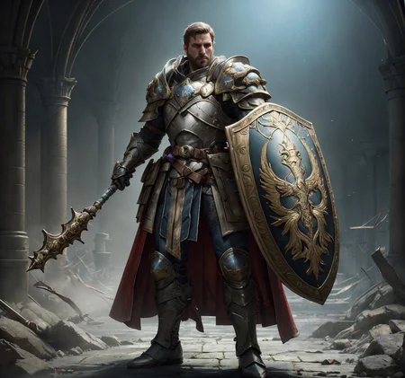 RAW photo, (masterpiece:1.3), subsurface scattering, heavy shadow, (high quality:1.4), (intricate, high detail:1.2), professional photography, HDR, High Dynamic Range, realistic, ultra realistic, photorealistic, high resolution, film photography, ambient lighting, atmospheric effects, <lora:detail_slider_v4:2>, OverallDetail, <lora:Clerics:0.8>, armor, armored boots, beard, belt, book, breastplate, brown footwear, cape, cleric, gauntlets, holding, holding shield, holding weapon, magic, male focus, shield, shoulder armor, solo, standing, epiCPhoto