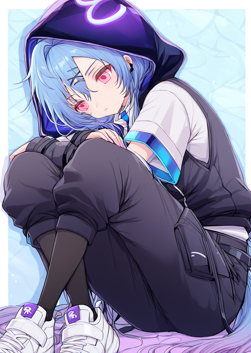 <lora:ShimizuAkina250208:1>,ShimizuAkina,OcBoy,<lora:mizuki_arknights_for_IL:1>,mizuki_\(ambience synesthesia\)_\(arknights\),blue hair,pink eyes,gradient hair,hood up,x hair ornament,black pants,hooded jacket,white shirt,sneakers,<lora:NOOB_vp1_detailer_by_volnovik_v1:1>,<lora:noobai_ep11_stabilizer_v0.138_fp16:1>,