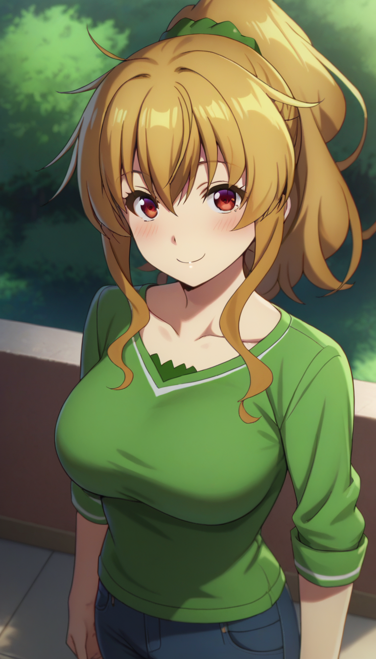 score_9,score_8_up,masterpiece,best quality,correct anatomy,anime_source,1girl,solo,perfect eyes,perfect arms,perfect legs,perfect face,outdoors,upper body,(portrait:1.5),looking at viewer,facing viewer,smile,blush,Nanako Kogure,long hair,brown hair,high ponytail,shiny hair,hair intakes,hair ornament,hair scrunchie,green scrunchie,sidelocks,hair between eyes,bangs,red eyes,collarbone,green shirt,long sleeves,large breasts,jeans,pants rolled up,loafers,<lora:Nanako Kogure(bnr)-Pony:1.8>,