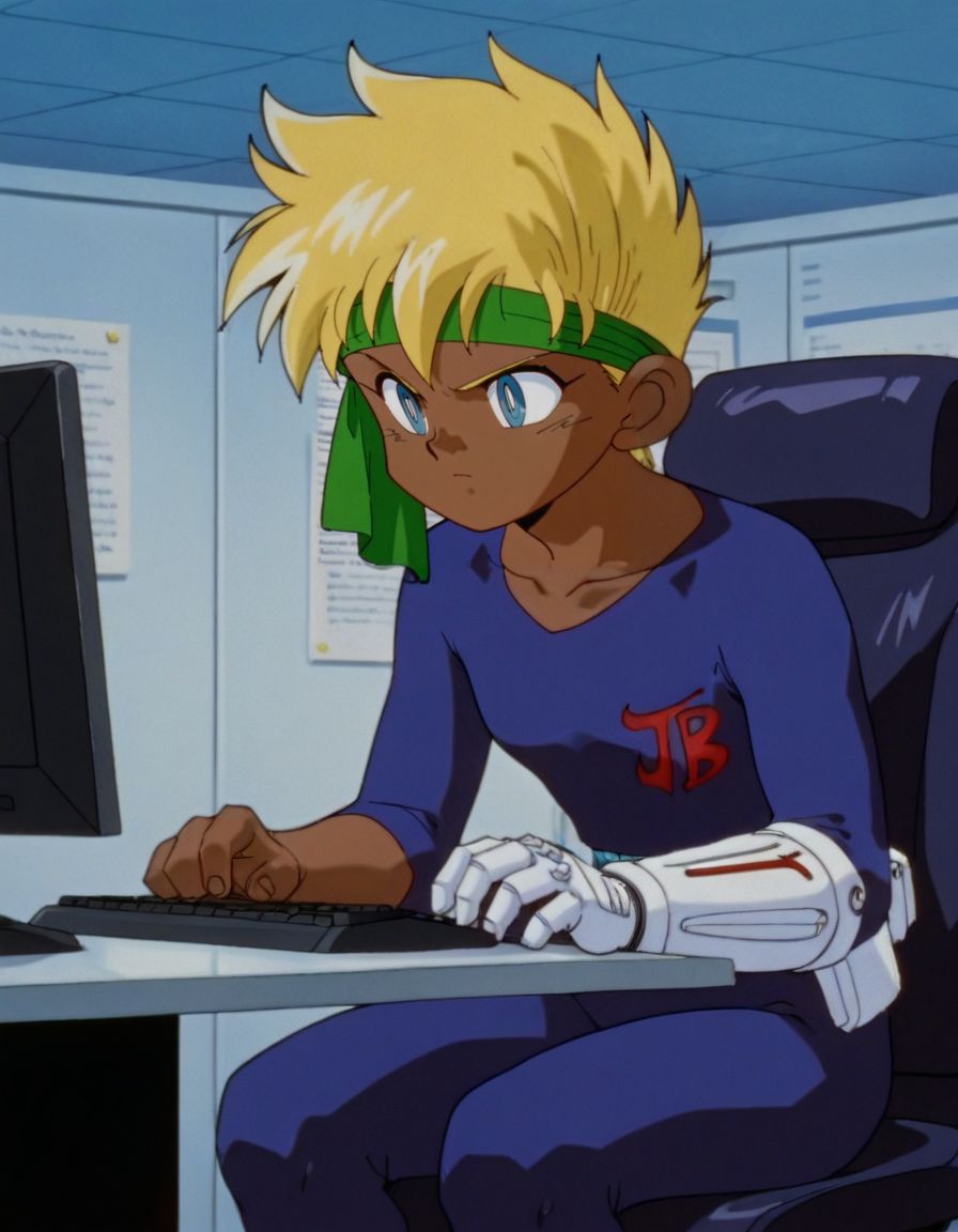 masterpiece, best quality, sitting on chair, typing on computer, serious, laboratory background, 
<lora:J:1>, Ja1, blue eyes, dark skin, blonde hair, headband, retro artstyle, single white gauntlet,