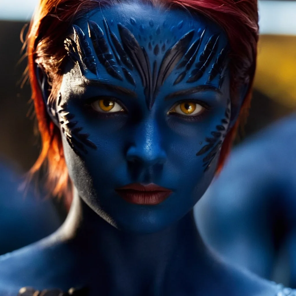 cinematic film still of <lora:Mystique X-Men:1>
Mystique X-Men a closeup of a woman with red hair and yelloweyes and blue body, shallow depth of field, vignette, highly detailed, high budget, bokeh, cinemascope, moody, epic, gorgeous, film grain, grainy