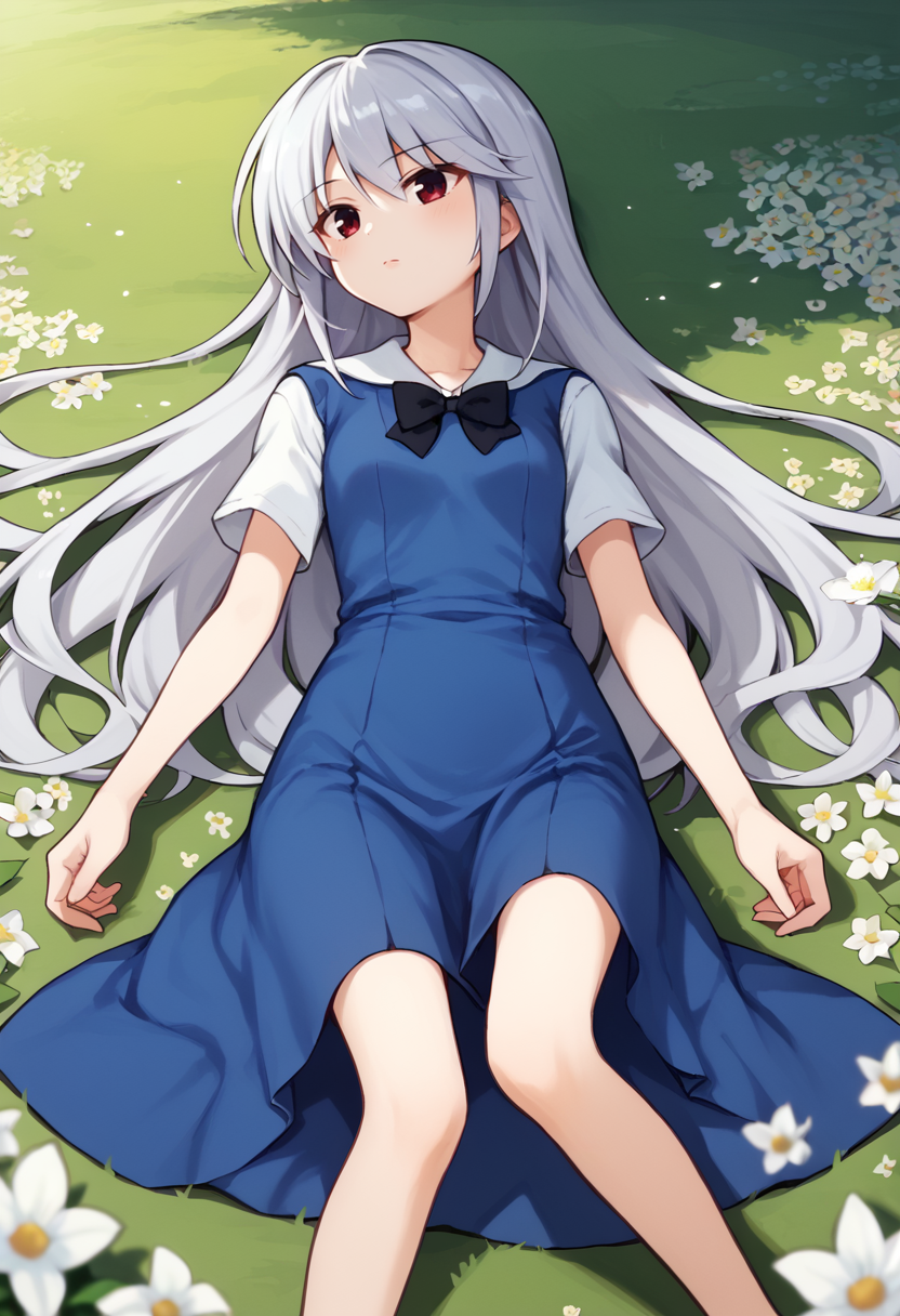 score_9,  score_7_up,   1girl, Kazuki, silver hair, long hair, red eyes, white shirt, blue dress, black bow,  on back, flower field,  <lora:Kazuki Lora-000008:1>