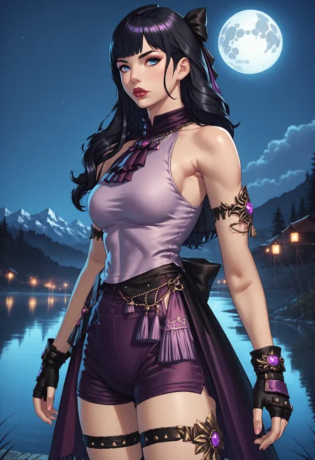 zPDXL,score_9, score_8_up, score_7_up, source_anime, 1girl, solo, cowboy shot, lake, night, starry sky, full moon, mountainous horizon, 
 <lora:Gaia_FFXIV:.75> gaia \(ff14\), blue eyes, lips, black hair, 
(purple cloting:1.5)
 <lora:Etoile_Dancer:.85> etoile dancer, jewelry, bare shoulders, shorts, fingerless gloves, armlet, fringe trim, thigh strap, skirt, hair ribbon,