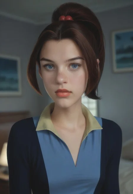 score_9, score_8_up, score_7_up, realistic photo of ktprd, 18-year-old 1girl, unique angle, unique framing, upper body, face focus, (looking at viewer), parted lips, 1girl, brown hair, high ponytail, orange lips, blue eyes, hero bodysuit, yellow belt, by loish, masterpiece, lips parted, slim figure, petite, (indoors, sci-fi room, meta walls, blurred background, shadowed background), side lighting, warm lights
