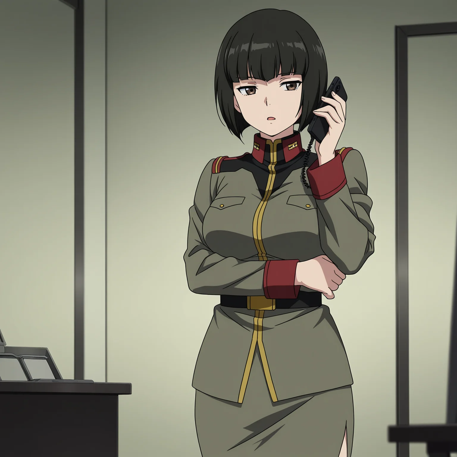 masterpiece, best quality, amazing quality, anime screencap, 1girl, solo, standing, cowboy shot, open mouth, talking on phone, smartphone, expressionless, <lora:AblesSecretaryUC:0.9>, AblesSecretaryUC, black hair, short hair, blunt bangs, bob cut, brown eyes, large breasts, military uniform, pencil skirt,