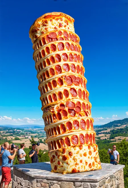 a photorealistic image of a giant Leaning Tower of Pizza, constructed from layers of cheesy pepperoni pizza, leaning to one side. The background features a sunny Italian landscape with tourists taking photos, vivid colors, hd quality, focus on the intricate pizza details and realistic structure of the tower