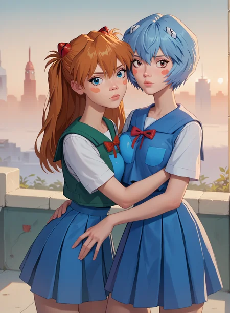 score_9, score_8_up, score_7_up, parody, source_cartoon, 2girls, young, blush stickers, hug, breast press,<lora:mlnc_girls_pxl_v1.5_p:0.8>, 
Asuka Langley From Evangelion, shy, Rei Ayanami, looking at viewer, blue hair, bangs, short hair, school uniform, 
cityscape background, sunset