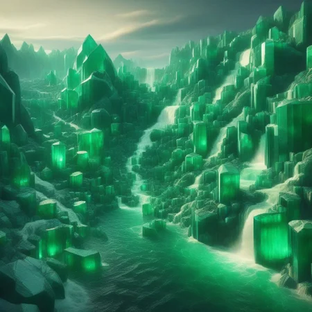 emeraldmorph, Liquid Marble Lake, Golden accents, aurora borealis?! a sea of cut emerald,