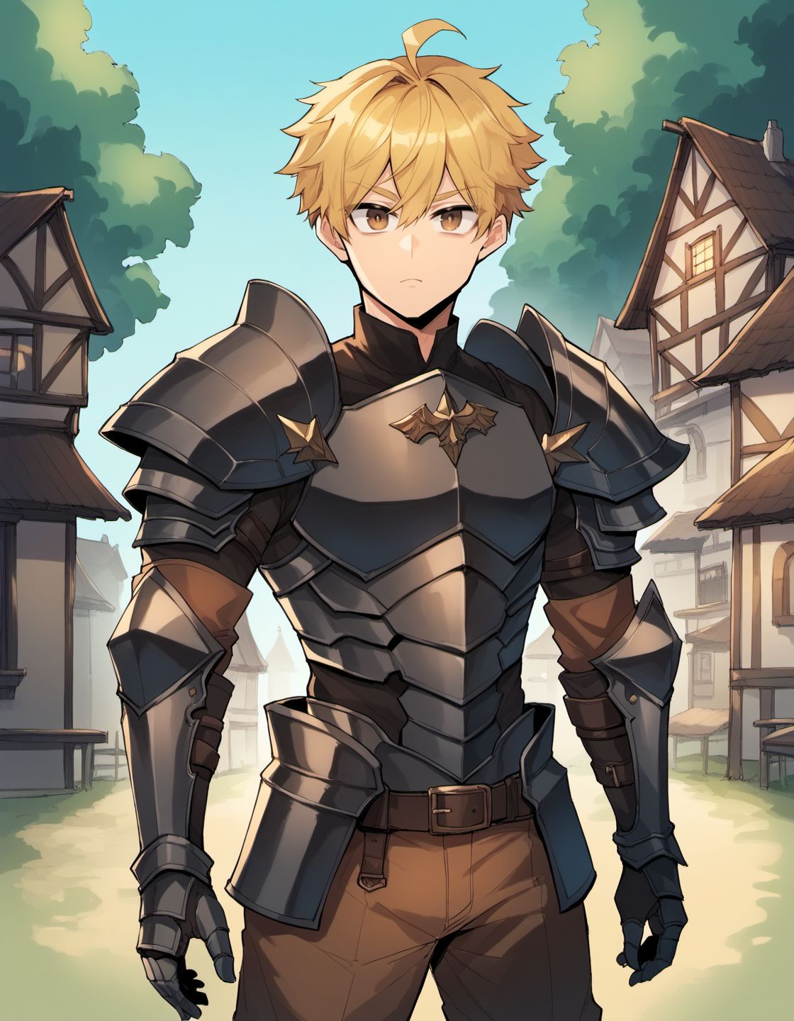 score_9, score_8_up, score_7_up, score_6_up, sigamastyle, 
1boy, male focus, blonde hair, ahoge, brown eyes, short hair, black armor, spiked pauldrons, brown pants, armored boots, gauntlets, looking at you, town, village, trees, looking at you, night
<lora:sigama_style_v1:1>