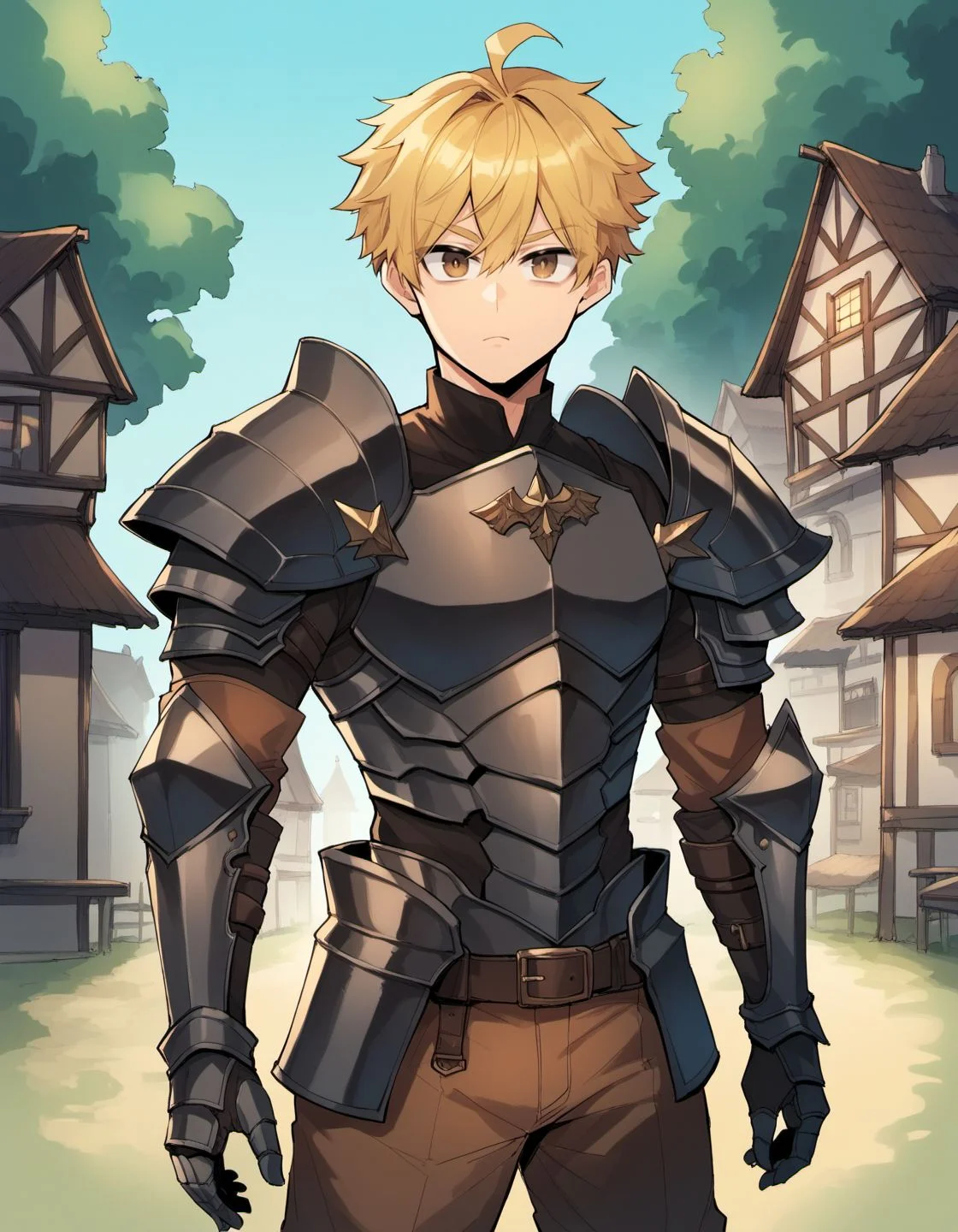 score_9, score_8_up, score_7_up, score_6_up, sigamastyle, 
1boy, male focus, blonde hair, ahoge, brown eyes, short hair, black armor, spiked pauldrons, brown pants, armored boots, gauntlets, looking at you, town, village, trees, looking at you, night
<lora:sigama_style_v1:1>