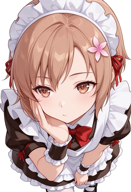 Smooth Quality,masterpiece,very intricate, high quality details, ultra realistic, high detailed skin,detailed enviorement,absurdres,
hand on own face,
 <lora:Yukimura_Kusunoki_CNR:0.8> yukimuria_cnr, 1girl, brown hair, short hair, brown eyes,hair flower,maid, maid headdress, apron, dress, white pantyhose,mary janes, shoes,bow,, simple background, white background, from above,solo,, :/,