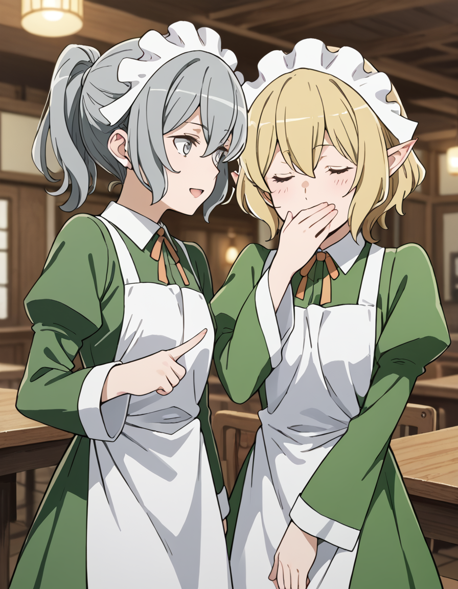 score_9, score_8_up, score_7_up, source_anime, 2girls, blurry background, wooden room, restaurant, BREAK
syr flova, short hair, grey hair, ponytail, hair between eyes, grey eyes,
waitress outfit, maid headdress, neck ribbon, green dress, collared dress, white apron, juliet sleeves, long sleeves,
looking at another, talking, natural, light smile, open mouth, pointing at,
<lora:syr_flova_anime-soralz:0.6>,
BREAK
ryuu lion, short hair, blonde hair, hair between eyes, pointy ears, closed eyes,
waitress outfit, maid headdress, neck ribbon, green dress, collared dress, white apron, juliet sleeves, long sleeves,
looking at another, covering mouth, laughing, closed mouth, head tilt, 
<lora:ryuu_lion_anime_v2-soralz:0.6>