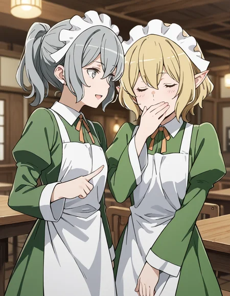 score_9, score_8_up, score_7_up, source_anime, 2girls, blurry background, wooden room, restaurant, BREAK
syr flova, short hair, grey hair, ponytail, hair between eyes, grey eyes,
waitress outfit, maid headdress, neck ribbon, green dress, collared dress, white apron, juliet sleeves, long sleeves,
looking at another, talking, natural, light smile, open mouth, pointing at,
<lora:syr_flova_anime-soralz:0.6>,
BREAK
ryuu lion, short hair, blonde hair, hair between eyes, pointy ears, closed eyes,
waitress outfit, maid headdress, neck ribbon, green dress, collared dress, white apron, juliet sleeves, long sleeves,
looking at another, covering mouth, laughing, closed mouth, head tilt,
<lora:ryuu_lion_anime_v2-soralz:0.6>
