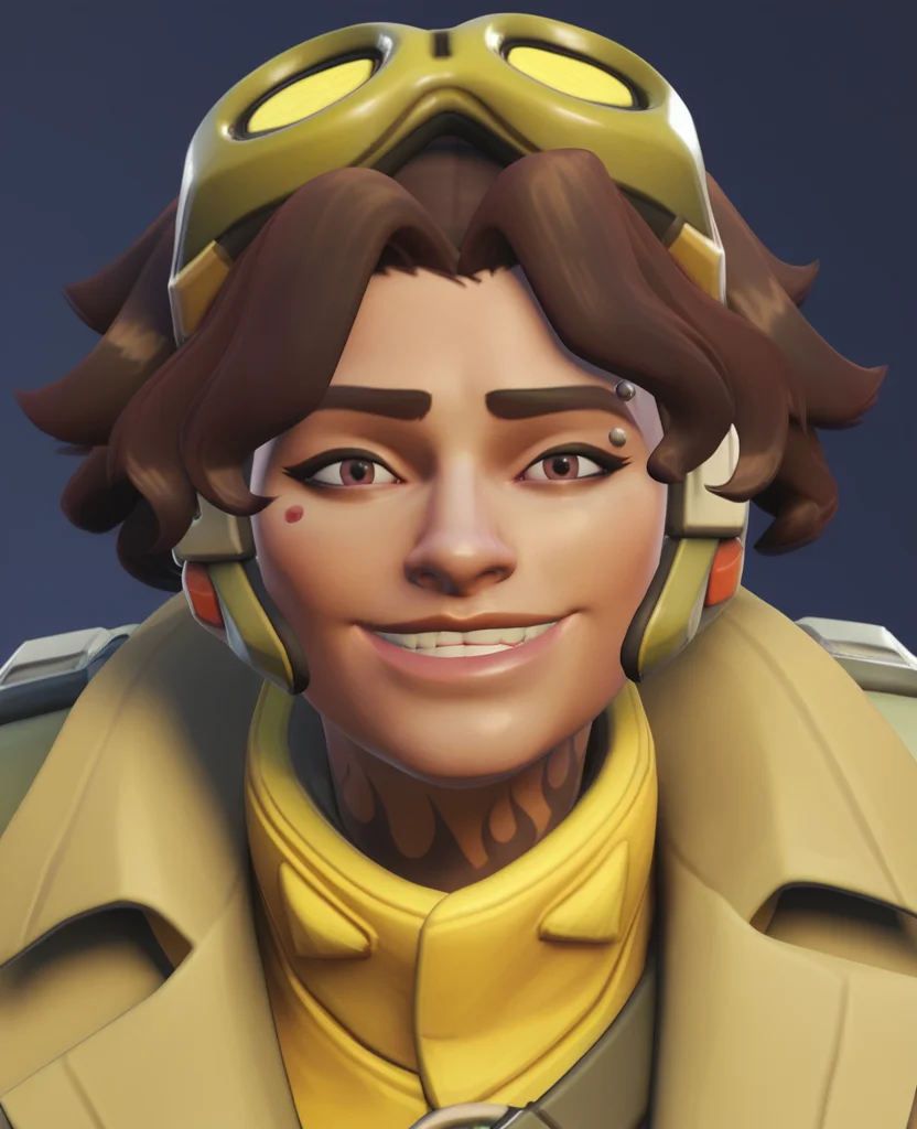 score_9,score_8_up,score_7_up,score_6_up, 3d, realistic,  <lora:Venture_Final:0.6>, venchurro1, eyebrow piercing, neck tattoo, wavy hair, short hair, brown hair, brown hair, chipped tooth,  goggles on head, headphones, shirt, jacket, shirt, pants, belt, carabiner, fingerless gloves, open jacket, looking at viewer, smile, portrait, close up