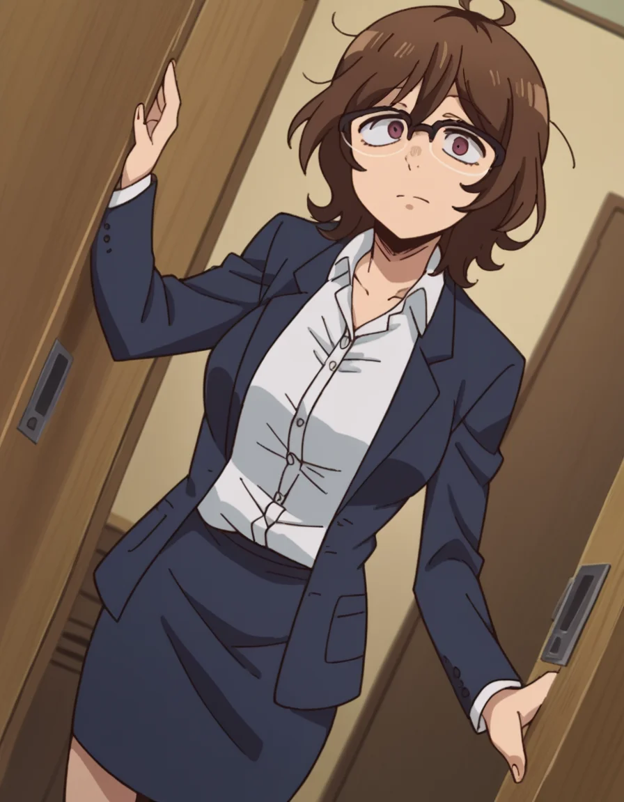 score_9, score_8_up, score_7_up, source_anime, <lora:owari-hajime-s2-ponyxl-lora-nochekaiser:1>, owari hajime, brown hair, brown eyes, glasses, over-rim eyewear, large breasts,, skirt, shirt, jacket, formal, suit, office lady,, school hallway, lockers, between classes, everyday life, , looking at viewer, hand shaking hands, solo,, cowboy shot, dutch angle