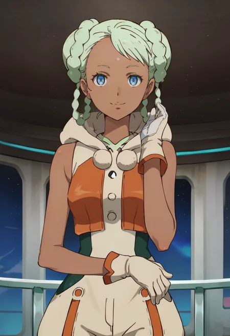 score_9,score_8_up,score_7_up,anime coloring BREAK source_anime,anime,<lora:Raraiya_Monday:0.9>,raraiya,1girl,solo,dark skin,dark-skinned female,blue eyes,forehead mark,green hair,twin braids,double bun,outfit2,white gloves,smile,indoors,spaceport,looking at viewer,