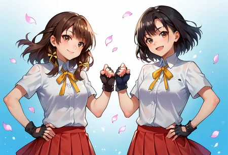 score_9, score_8_up, score_7_up, source_anime, highly detailed,
multiple girls, 2girls, thighhighs, gloves, fingerless gloves, skirt, brown hair, ribbon, black gloves, open mouth, pleated skirt, red skirt,
smile, brown eyes, short hair, hair ribbon, long hair, looking at another, neck ribbon, hand on hip, shirt, short sleeves, white shirt, black hair, petals, yellow ribbon, bangs, closed mouth, fistbump,
upper body,