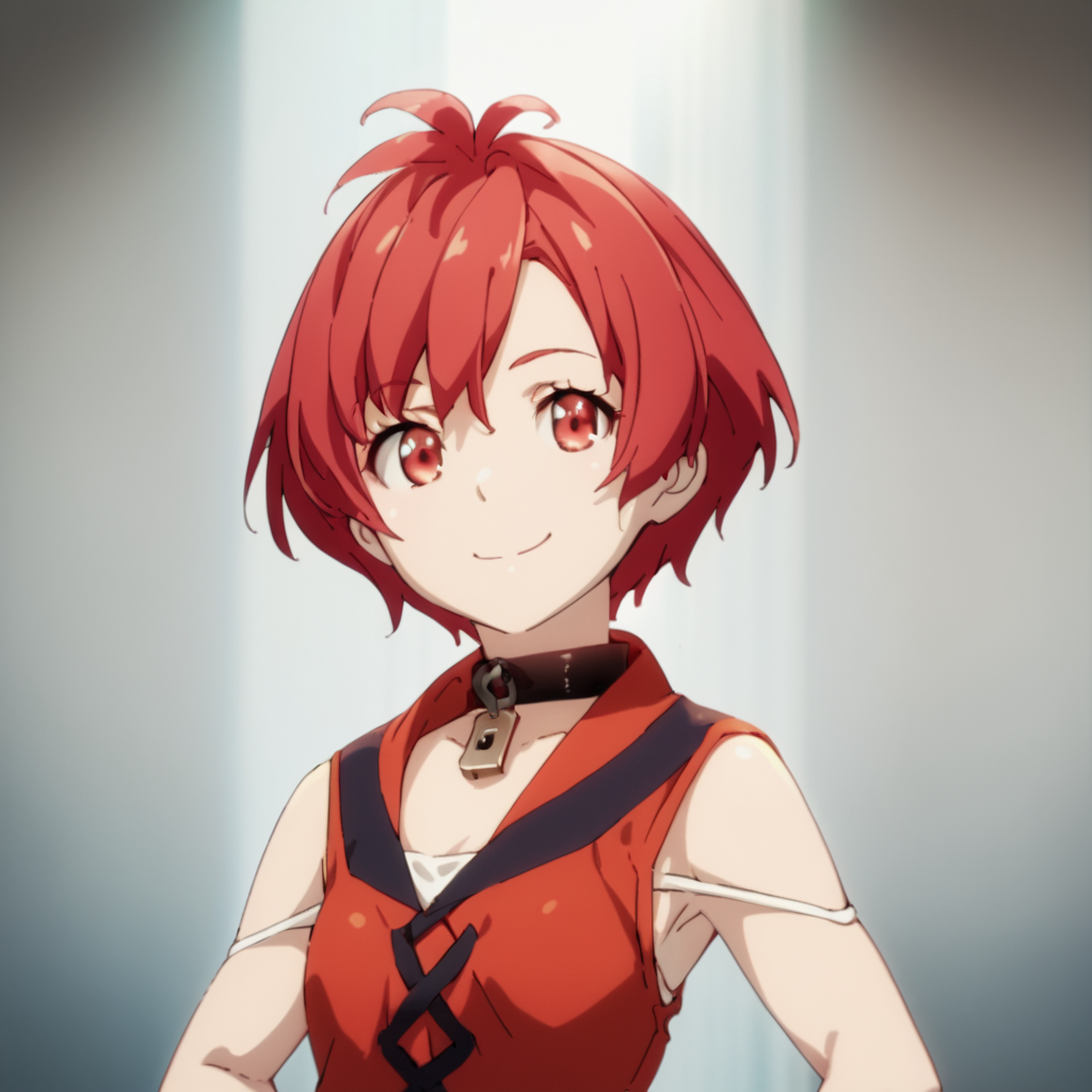 score_9, score_8_up, score_7_up, score_6_up, score_5_up, score_4_up, source_anime, , Vesta, short hair, red hair, red eyes, choker, collar, padlock, , soft smile, standing, hands on hips