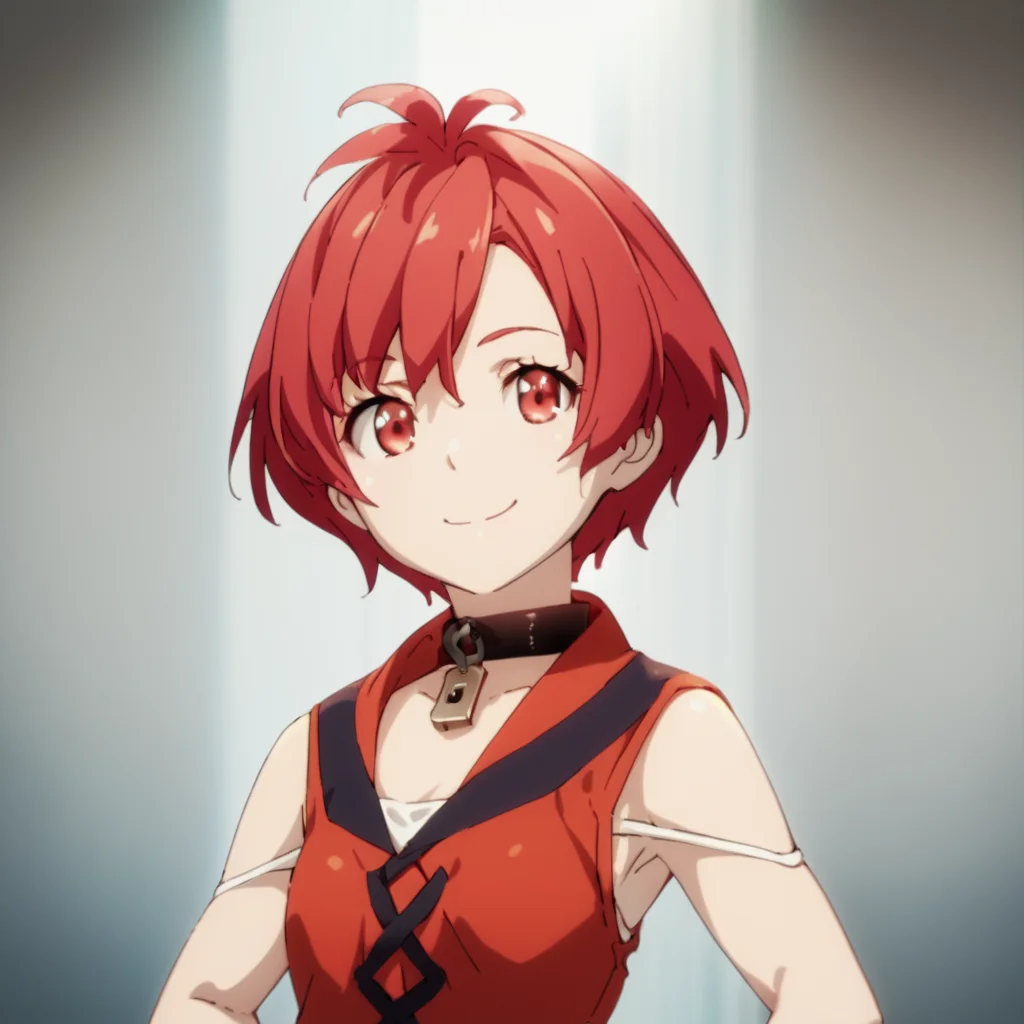 score_9, score_8_up, score_7_up, score_6_up, score_5_up, score_4_up, source_anime, , Vesta, short hair, red hair, red eyes, choker, collar, padlock, , soft smile, standing, hands on hips