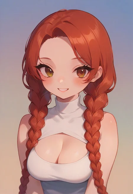 score_9,score_8_up,score_7_up,blurry,<lora:PetraStyle:1.8>,((masterpiece)),illustration,high detail, trending,kawaii,pale skin,red hair with braids, brown eyes,long eyelashes, blush,white sleeveless summer dress,smile,big breasts,cleavage,sexy