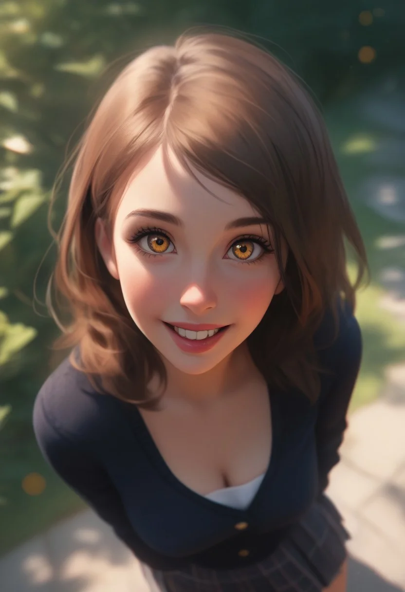 score_9,score_8_up,score_7_up,score_6_up, girl, 22 years old, amber eyes, red lips, bushy brown hair, wearing a school girl uniform, 1 girl, standing, happy, from above, looking at viewer, lush garden background, cinematic colors, cinematic light, bokeh, xaxaxa 1_style