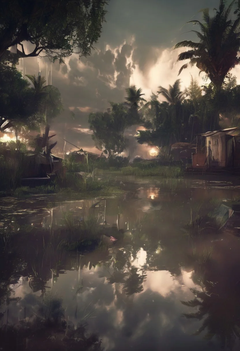 jungle swamp town with dense trees and a dense cloudy sky. The moderate size town is made of wood and in a think swampy forest. dirt path buildings that are lit by lanterns. the sky is a dark rain cloud. depth of field. beautiful composition. Photo realistic. Natural lighting. Tribal citizens walking around. Realistic. Highly detailed reflections. Highly detailed wood. Beautiful natural rain clouds. Heavy rain.