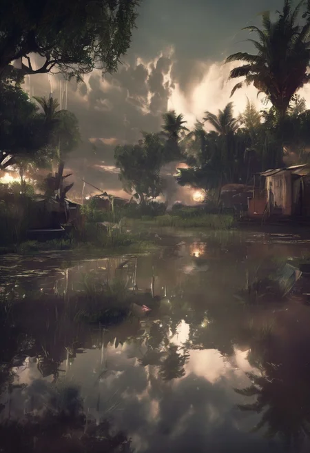 jungle swamp town with dense trees and a dense cloudy sky. The moderate size town is made of wood and in a think swampy forest. dirt path buildings that are lit by lanterns. the sky is a dark rain cloud. depth of field. beautiful composition. Photo realistic. Natural lighting. Tribal citizens walking around. Realistic. Highly detailed reflections. Highly detailed wood. Beautiful natural rain clouds. Heavy rain.