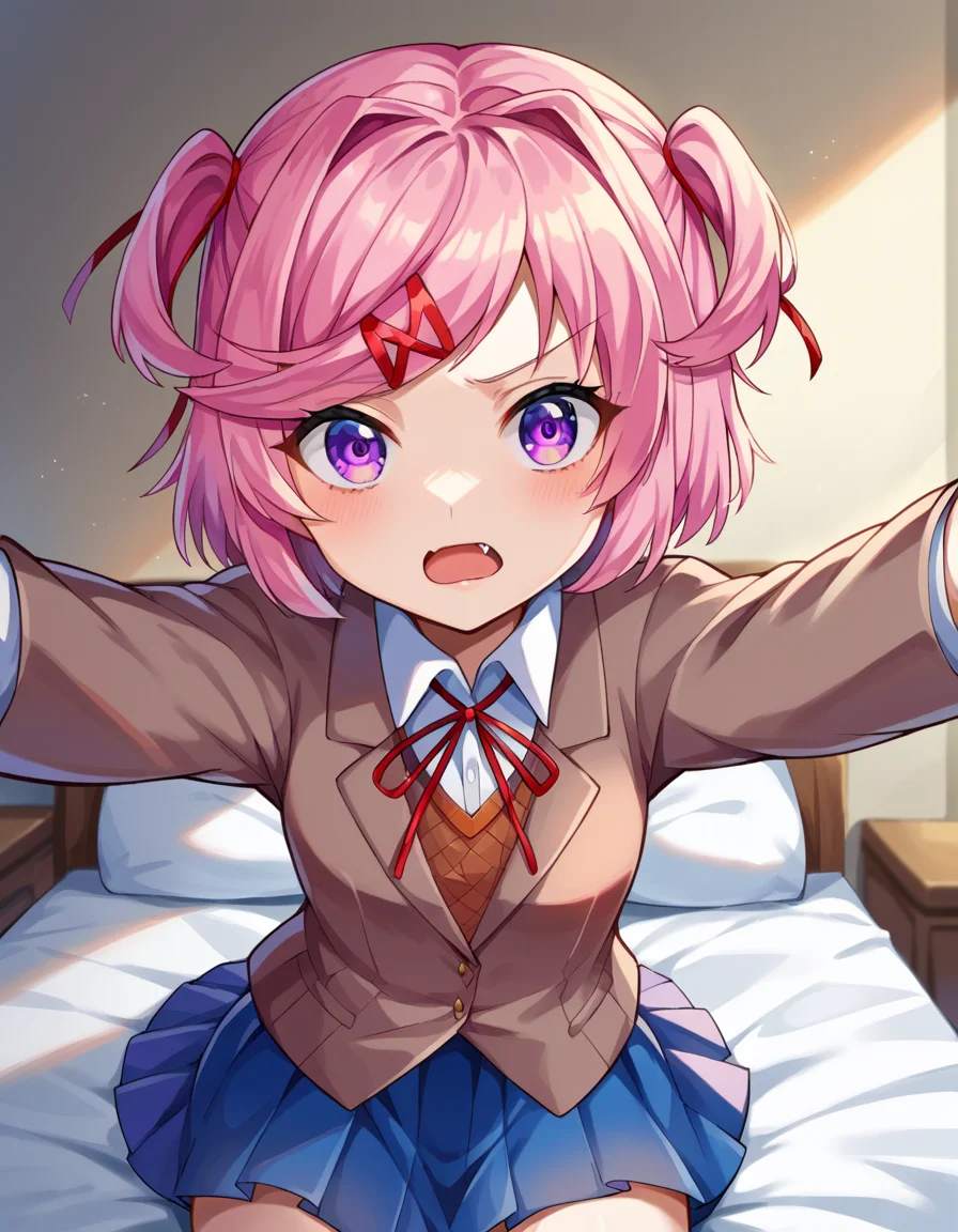 score_9, score_8_up, score_7_up, source_anime,
ddlcnatsuki, <lora:ddlc-natsuki-ponyxl-lora-nochekaiser:1>
ddlcnatsuki, fang, hair ornament, pink hair, purple eyes, short hair, short sidetail, swept bangs, x hair ornament,
blazer, blue skirt, brown jacket, collared shirt, jacket, long sleeves, miniskirt, neck ribbon, pleated skirt, red ribbon, ribbon, school uniform, shirt, skirt, swept bangs, vest, white shirt, wing collar, x hair ornament,
indoors, bed, bed room, on back, arm support, arms up, incoming hug, pov, reaching, reaching towards viewer,
looking at viewer, dutch angle, cowboy shot,