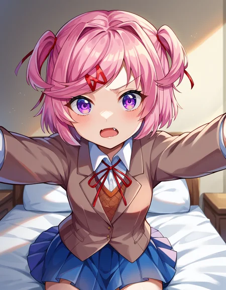 score_9, score_8_up, score_7_up, source_anime,
ddlcnatsuki, <lora:ddlc-natsuki-ponyxl-lora-nochekaiser:1>
ddlcnatsuki, fang, hair ornament, pink hair, purple eyes, short hair, short sidetail, swept bangs, x hair ornament,
blazer, blue skirt, brown jacket, collared shirt, jacket, long sleeves, miniskirt, neck ribbon, pleated skirt, red ribbon, ribbon, school uniform, shirt, skirt, swept bangs, vest, white shirt, wing collar, x hair ornament,
indoors, bed, bed room, on back, arm support, arms up, incoming hug, pov, reaching, reaching towards viewer,
looking at viewer, dutch angle, cowboy shot,
